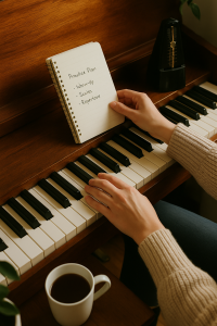 Student following piano practice tips with a digital keyboard