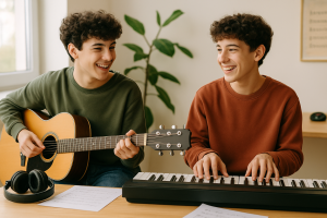 Twins learning Coldplay with lead sheets