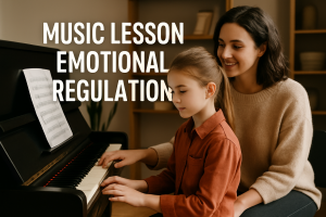 Student smiling during music lesson as teacher gives praise