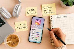 Music teacher checking Instagram analytics on phone
